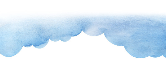 Cartoon blue cumulus cloud illustration. Cloud shaped background. Watercolor fill gradient from pale to saturated from bright to light. Abstract sky. Border page template Hand drawn isolated on white