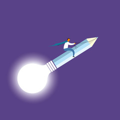 Businessman riding on pencil and light bulb. Isolated on purple background.