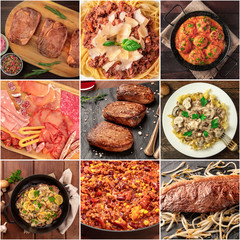 Food Collage. Many photos of various tasty meat dishes, a square design template for a banner, flyer, or restaurant menu