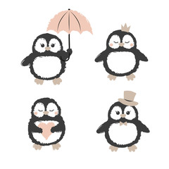 Set of cute cartoon penguins isolated on white. Vector illustration for kids.