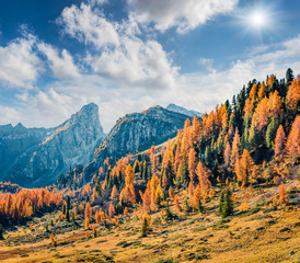 Picturesque morning view from the top of Giau pass. Colorful autumn landscape in Dolomite Alps, Cortina d'Ampezzo location, Italy, Europe. Beauty of nature concept background.