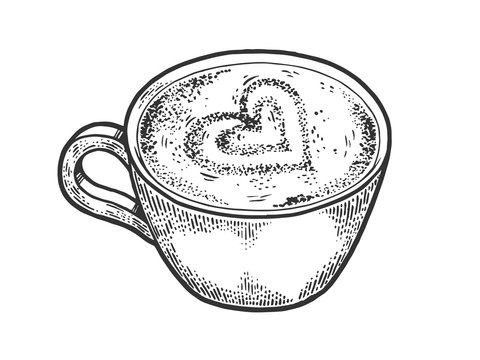 Cup of latte with art heart sketch engraving vector illustration. Coffee artwork. Scratch board style imitation. Black and white hand drawn image.