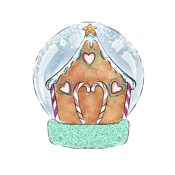 Illustration of Christmas Gingerbread House in a snow globe 