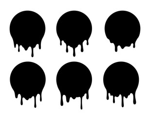 Melted circle lable. Dripping paint design set. Liquid vector signs.