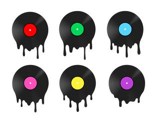 Melted vinyl record with dripping drops. Vector illustration.