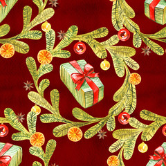 Seamless pattern with Christmas and New Year gifts. Watercolor illustration