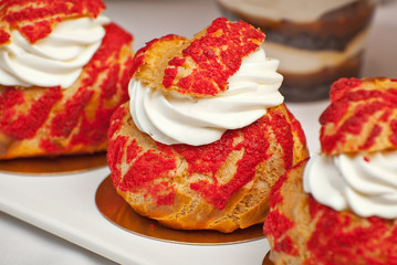 Sweets on the table. Colorful cookies and pastries at the fair. Demonstration of local confectionery.