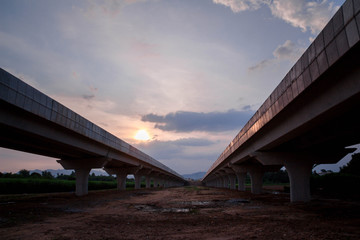 Unfinished of construction of the large concrete bridge of the motorway elevation for the development of travel from Thailand to.