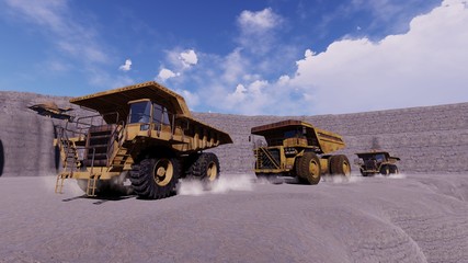 quarry dump trucks work, 3D illustration