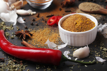 Chili peppers and other spices top view