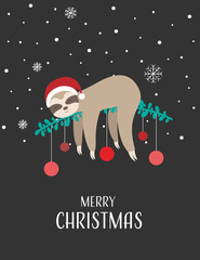 Christmas card with cute sloth - Merry Christmas, dark design © frittipix