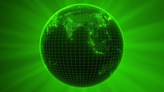 rotating green globe with glowing details of city and human population density areas. suitable for technology, future and science themes. 3d animation loop