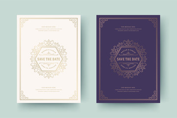 Wedding invitation save the date card golden flourishes ornaments vignette swirls vector template.