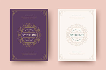 Wedding invitation save the date card flourishes ornaments vignette swirls vector template.