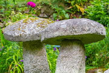 Two antique stone staddle stones, ornamental toadstools, in summer garden. Old, weathered stones covered with lichen and moss. Also called mushroom stones. Garden in Ireland.