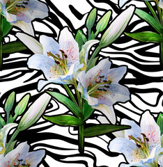 Seamless pattern. Pattern of watercolor white lilies on an abstract background.