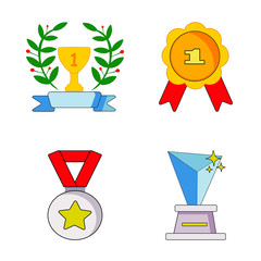 Awards colorful icons set. pWinner prizez collection, luarel and cup isolated on white background