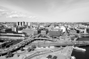 Stockholm city aerial view. Black and white vintage style.