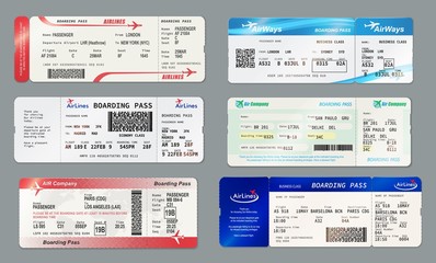 Boarding pass and plane ticket, vector mockups - obrazy, fototapety, plakaty