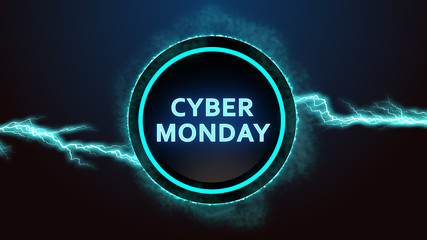 Cyber Monday Button with Smoke and Lightning.Promotional ad for discounts sale in e-shops.