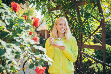 Cup of delight. Girl drink gourmet cappuccino. Woman enjoy divine taste of cappuccino alone. Coffee...