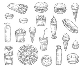 Fast food and drinks, desserts. Vector sketch