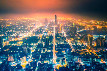 Aerial panoramic view of kaohsiung city skyline at night. Taiwan