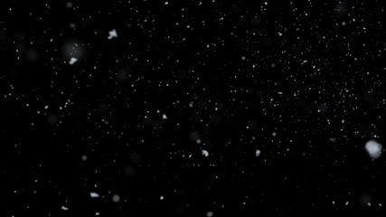 3D Rendering. Realistic Snow Falling On Black Background.