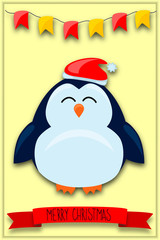 Christmas and New Year greeting card with a picture of a cute penguin with Christmas accessories. Colorful Christmas illustration of a funny penguin character for poster, greeting card,  wrapping
