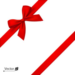 Red bow with diagonally ribbon on the corner. Vector bow for page decor, gifts, greetings, holidays.