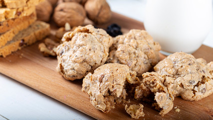 Crispy cookies with walnut and tahini and glass of milk