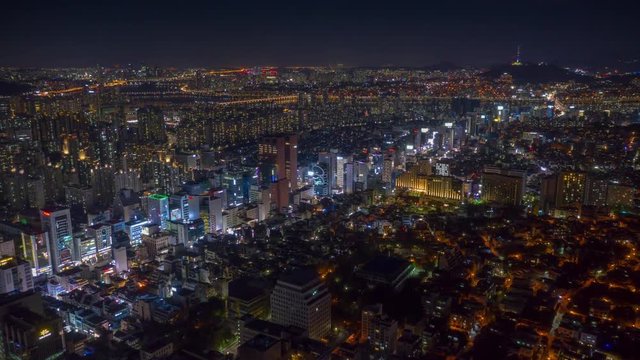 night illuminated flight over seoul city center traffic street aerial panorama 4k timelapse south korea