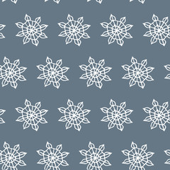 Winter snow flake seamless pattern. White outline on grey background. Picture can be used in christmas and new year greeting cards, posters, flyers, banners, logo etc. Vector illustration. EPS10