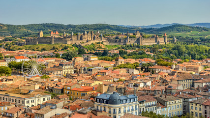 Fototapeta premium holiday, tourist, amazing, aerial, ancient, architecture, blue, building, business, carcassonne, castle, cathedral, center, church, city, cityscape, culture, downtown, europe, european, exterior, famo