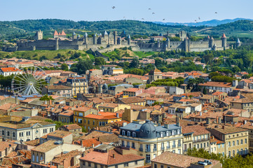 Fototapeta premium holiday, tourist, amazing, aerial, ancient, architecture, blue, building, business, carcassonne, castle, cathedral, center, church, city, cityscape, culture, downtown, europe, european, exterior, famo