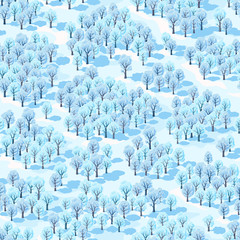  Seamless vector illustration, winter forest landscape with trees covered with hoarfrost. Isometric view.