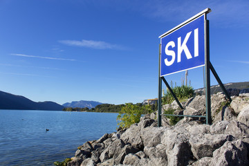 ski sign water sport activity on lake bourget france alps mountain  aix les bains savoie region