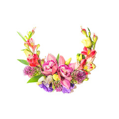 Floral semicircle of different flowers on a white background