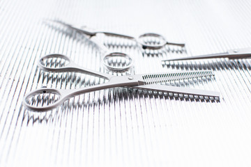 Pair of silver scissors on the silver background