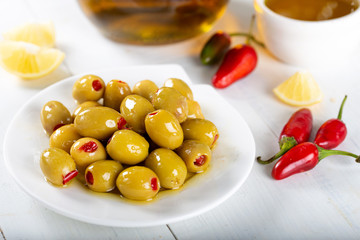green olives and olive oil