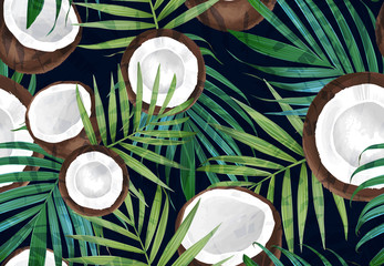 Vector seamless pattern with coconut. Tropical background with exotic fruits. Summer illustration