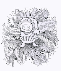 Christmas toy pig. Ink drawing.