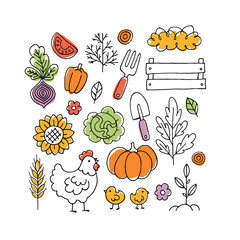 Farm living collection. Linear graphic. Chicken, vegetables and harvest tools. Scandinavian style. Vector illustration