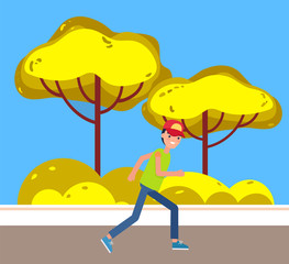 Man jogger running on pathway in city park. Runner run in autumn park. Green trees and bushes growing behind pavement, summer scenery, spring greenery. Vector illustration in flat cartoon style
