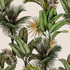 Seamless pattern with green tropical palm and banana leaves. Hand drawn vector illustration on beige background.