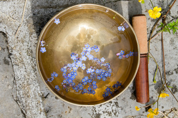 Singing bowl with blue flowers floating on water