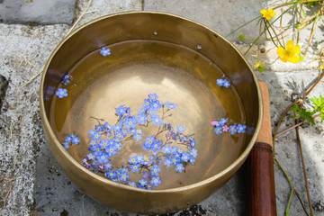 Fototapeta premium Blue flowers floating on tibetan bowl