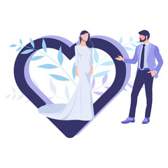 A man in a suit extends a hand to a girl in a wedding dress. Vector illustration. Wedding card.