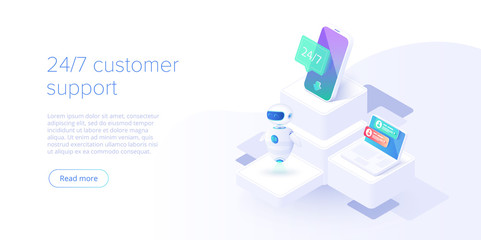 24/7 service concept or call center in isometric vector illustration. 24-7 round the clock or nonstop customer support background. Mobile self-service layout template for web banner.