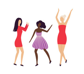 Pretty girls having hen-party at disco club isolated characters. Multinational caucasian and afro-american women hang out at concert or bar. Female dansing on party. Vector in flat cartoon style